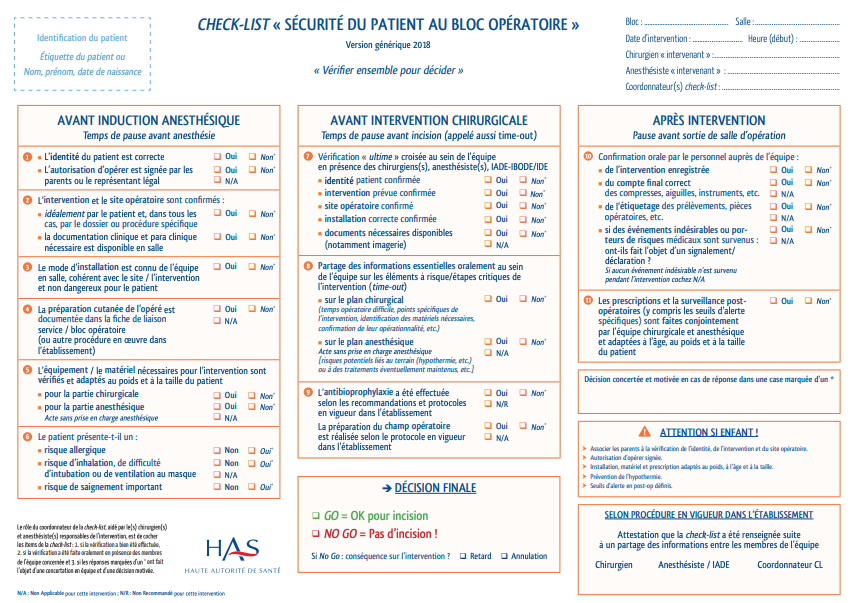 Check-list Sécurité du patient au bloc opératoire (version 2018) publiée par la HAS