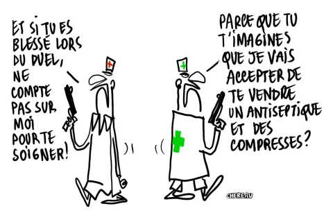 Le dessin du duel médecins vs pharmaciens 